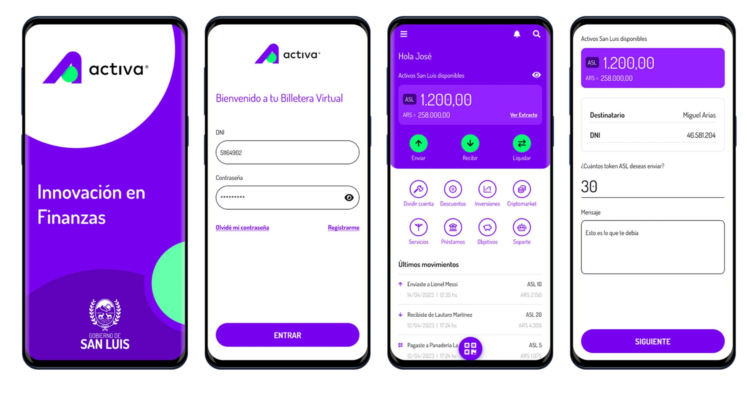 Billetera Activa wallet — onboarding, login, balance in ASL tokens, and transfer screens